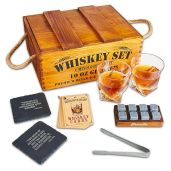 Premium Mixology Whiskey Gift Set: Rustic Crate, 8 Granite Chilling Stones & 10oz Glasses - Perfect Gift for Men & Dads