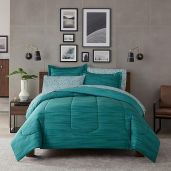 Nine West Delano 7-Piece Reversible Stripe Bedding Set - Queen Comforter, Sheets & Pillowcase in Teal for All Seasons