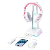 PHNIXGAM RGB Headphone Stand with 3.5mm AUX & USB Hub - Universal Gaming Headset Holder for Gamers (White)