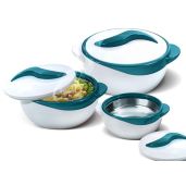 Thermal Insulated Salad & Soup Bowls Set of 3 - Pinnacle Turquoise Dish with Lid for Holidays & Parties
