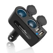 Rocketek 2-Socket Car Splitter: 4-in-1 Cigarette Lighter Adapter with 2 USB Chargers for iPhone, iPad, GPS & More