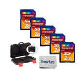 Transcend 2GB SD Memory Card Pack of 5 + Vivitar Hardcase & Cleaning Cloth - Ultimate Camera Accessory Bundle