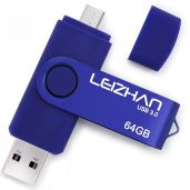 Leizhan 64GB USB 3.0 OTG Flash Drive for Samsung Galaxy S4/S5/S6/S7, HTC, Nokia, Moto, Huawei - Fast Data Transfer, Blue