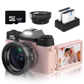 VETEK 4K 48MP Digital Camera for Photography & Vlogging - Compact, 16X Zoom, Wide-Angle & Macro Lens, 32G Card, 2 Batteries (Pink)