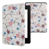 KWMobile Kindle Paperwhite 11th Gen Case - Stylish PU Cover with Magnet, Flower Leaf Design in White/Pink/Blue